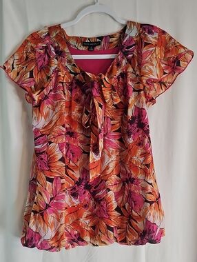 Sara Michelle Pink & Orange Floral Tie-Neck Blouse